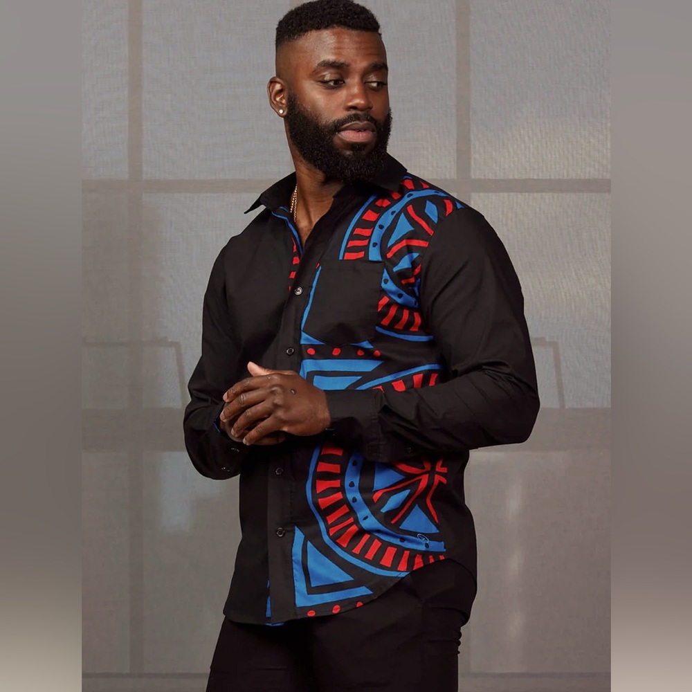 Men's African Print Button-Up (Black/Blue Red Tiles)
